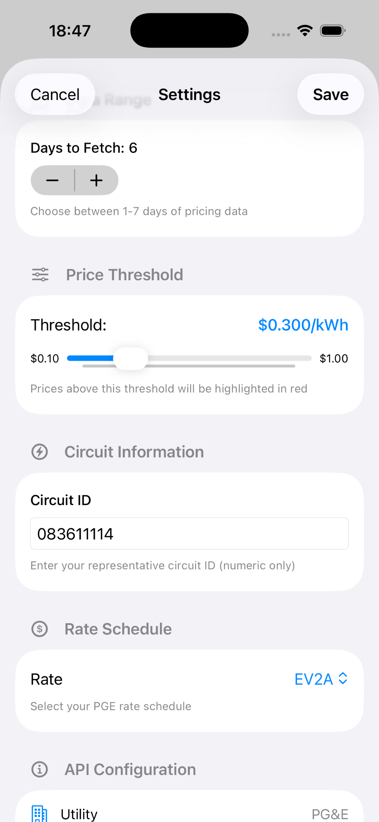 Settings screen with customization options